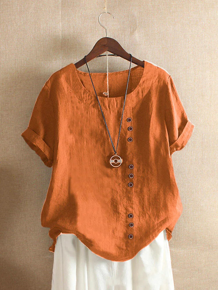 18 Colors S-5XL Women Cotton Linen Button Blouse Summer Female O-Neck Short Sleeve Solid Shirt Tops