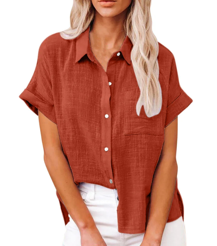 Women's Linen Button Down Shirt Casual Loose Fit Short Sleeve Blouse with Pocket Summer Lightweight Top