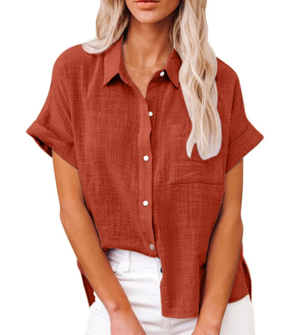 Women's Linen Button Down Shirt Casual Loose Fit Short Sleeve Blouse with Pocket Summer Lightweight Top