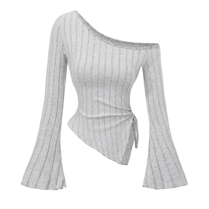 Women's Off Shoulder Asymmetrical Ribbed Long Sleeve Top – Ruched Slim Fit Bell Sleeve Y2K Streetwear Going Out Shirt