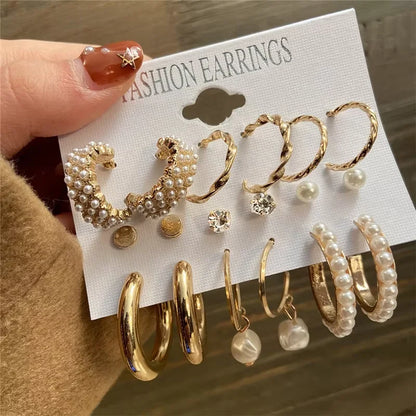 Gold Geometric Hoop Earrings for Women with Pearl Accents and Textured Styles