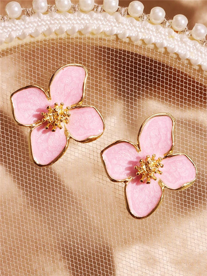 Hibiscus Flower Stud Earrings for Women and Girls–Dropped Glaze Floral Design, French Vintage Inspired, Romantic Wedding Jewelry Gift