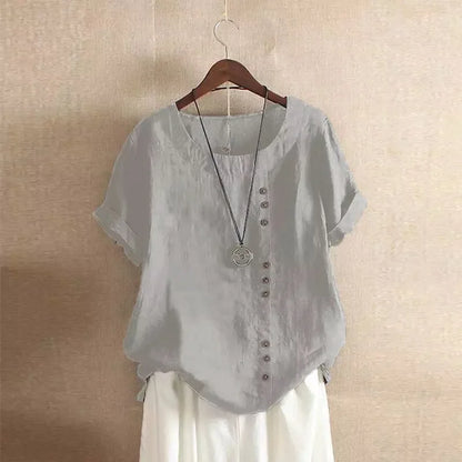 18 Colors S-5XL Women Cotton Linen Button Blouse Summer Female O-Neck Short Sleeve Solid Shirt Tops
