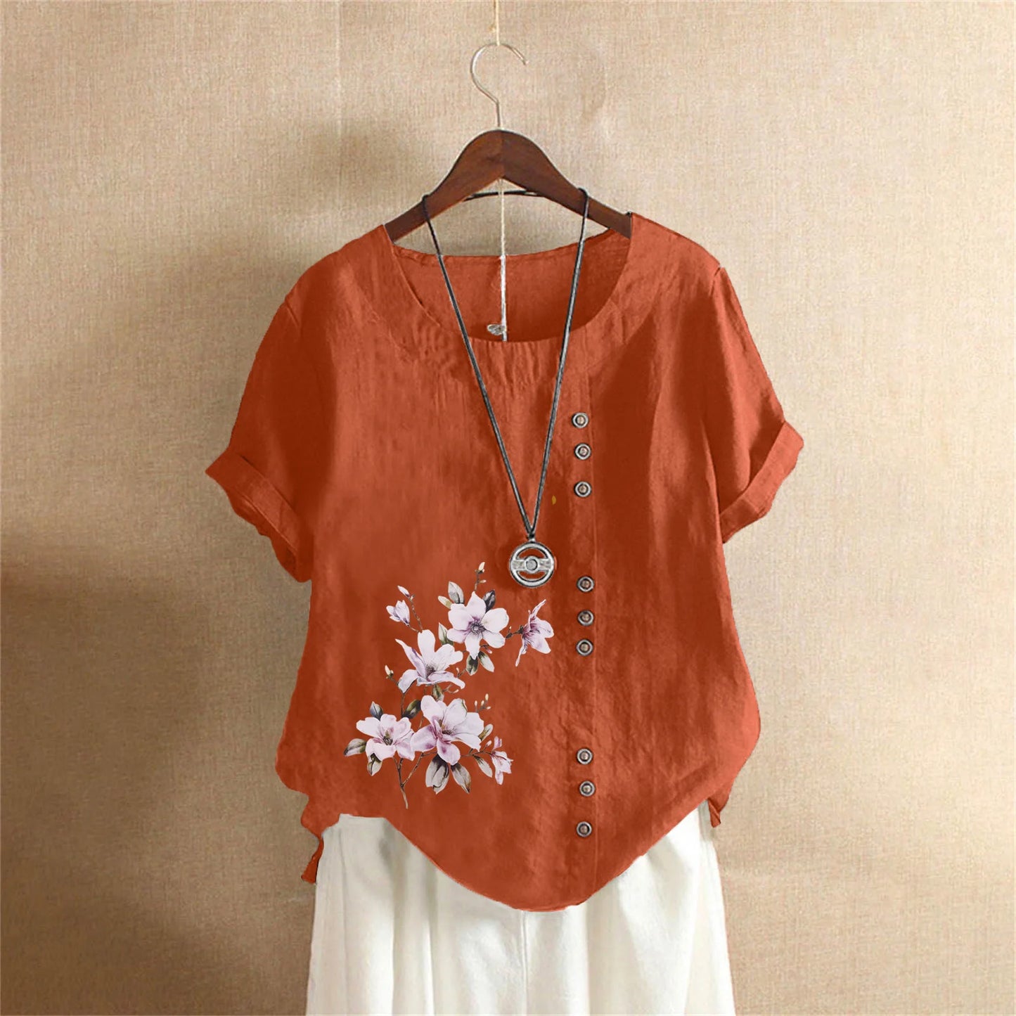 Women's Cotton Linen Floral Print Blouse – Summer Short Sleeve Loose Vintage Tunic Shirt Top