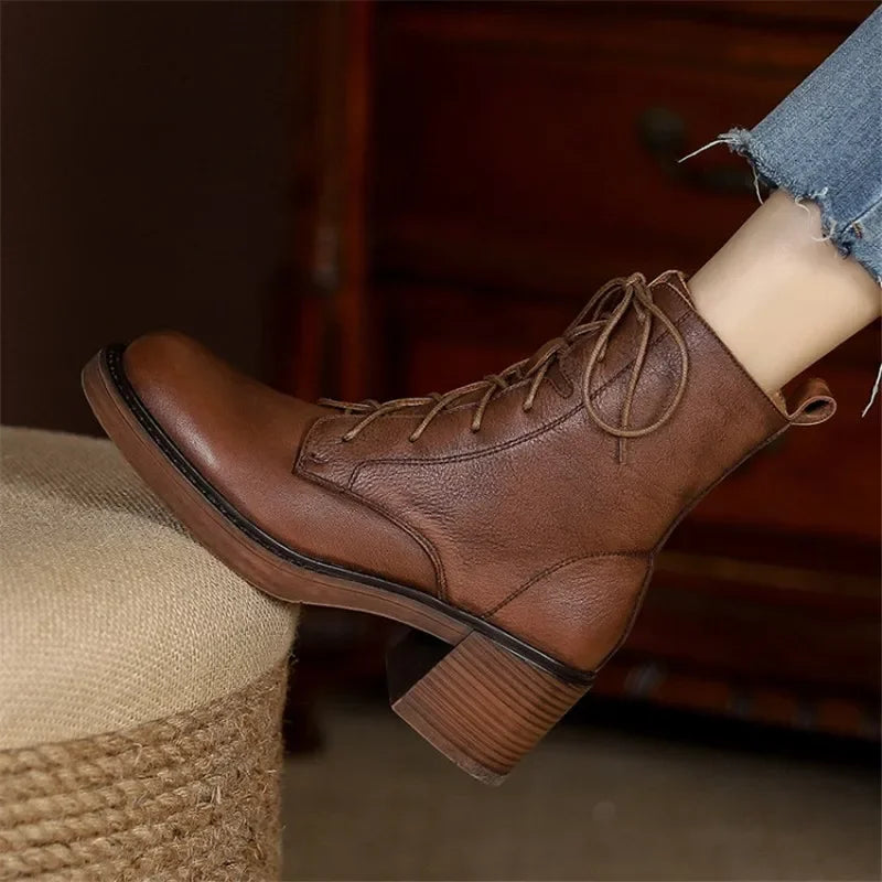 Women’s Genuine Leather Ankle Boots – Lace-Up, Platform, Chunky Heel, Round Toe