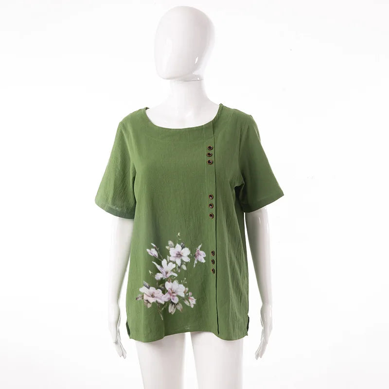 Women's Cotton Linen Floral Print Blouse – Summer Short Sleeve Loose Vintage Tunic Shirt Top