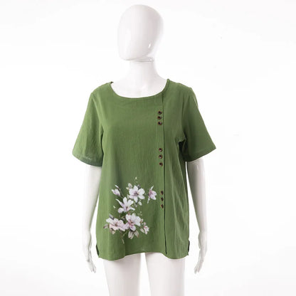 Women's Cotton Linen Floral Print Blouse – Summer Short Sleeve Loose Vintage Tunic Shirt Top