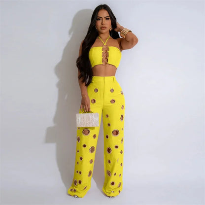 Women’s Sexy 2 Piece Club Outfit – Halter Crop Top & High Waist Pants Set | Party, Festival & Nightwear Fashion
