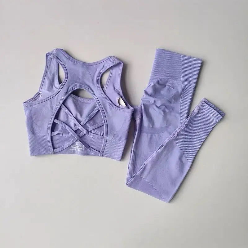 Women’s Seamless Yoga Set – Sexy Open Back Sports Bra & High Waist Scrunch Leggings Gym Outfit