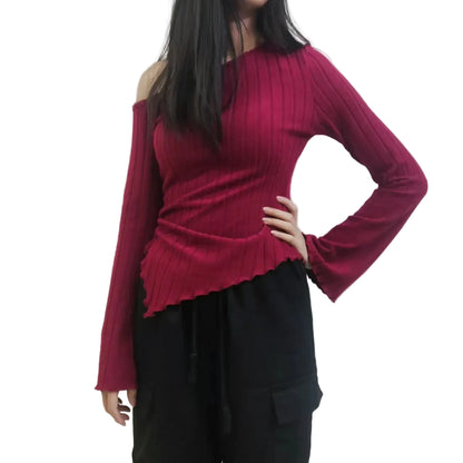 Women's Off Shoulder Asymmetrical Ribbed Long Sleeve Top – Ruched Slim Fit Bell Sleeve Y2K Streetwear Going Out Shirt