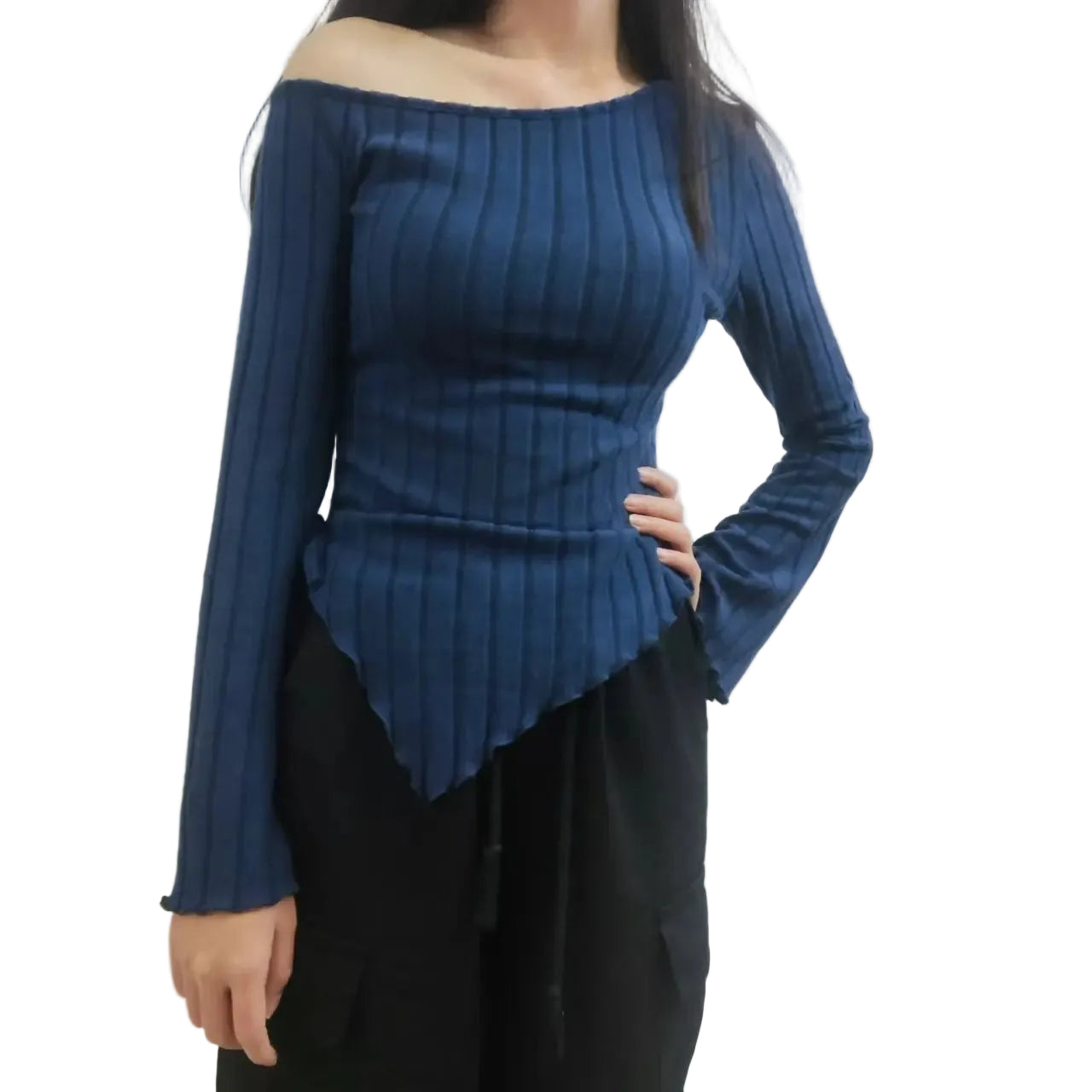 Women's Off Shoulder Asymmetrical Ribbed Long Sleeve Top – Ruched Slim Fit Bell Sleeve Y2K Streetwear Going Out Shirt