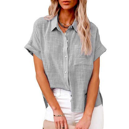 Women's Linen Button Down Shirt Casual Loose Fit Short Sleeve Blouse with Pocket Summer Lightweight Top