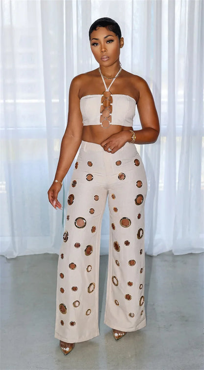 Women’s Sexy 2 Piece Club Outfit – Halter Crop Top & High Waist Pants Set | Party, Festival & Nightwear Fashion