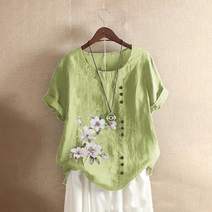 Women's Cotton Linen Floral Print Blouse – Summer Short Sleeve Loose Vintage Tunic Shirt Top