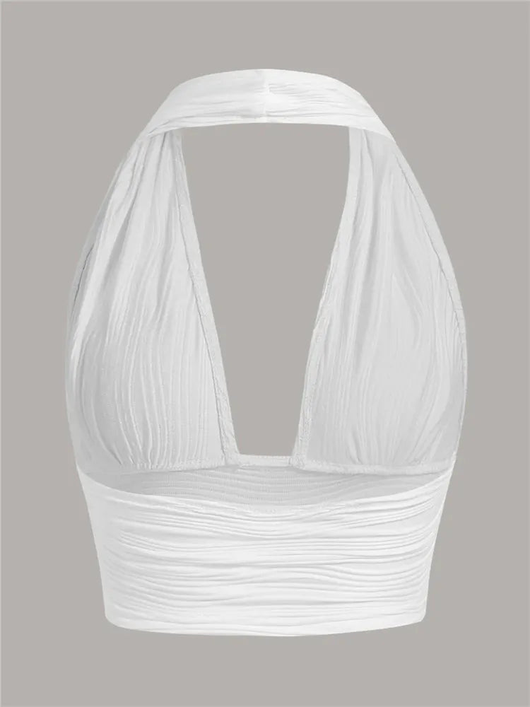 Women's White Backless Halter Crop Top - Deep V Neck Sleeveless Y2K Tank Top, Sexy Club Streetwear Summer Going Out Top