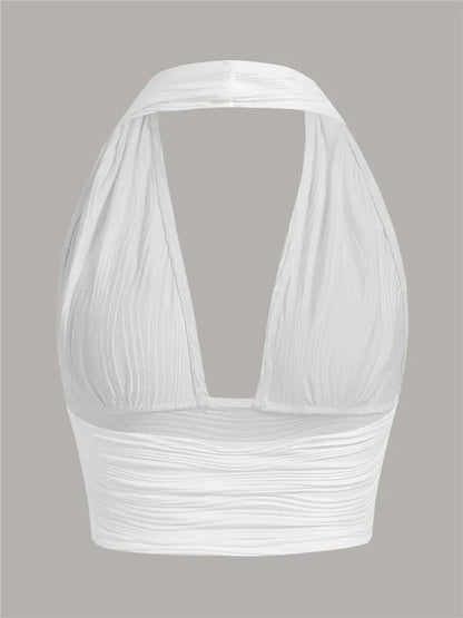 Women's White Backless Halter Crop Top - Deep V Neck Sleeveless Y2K Tank Top, Sexy Club Streetwear Summer Going Out Top