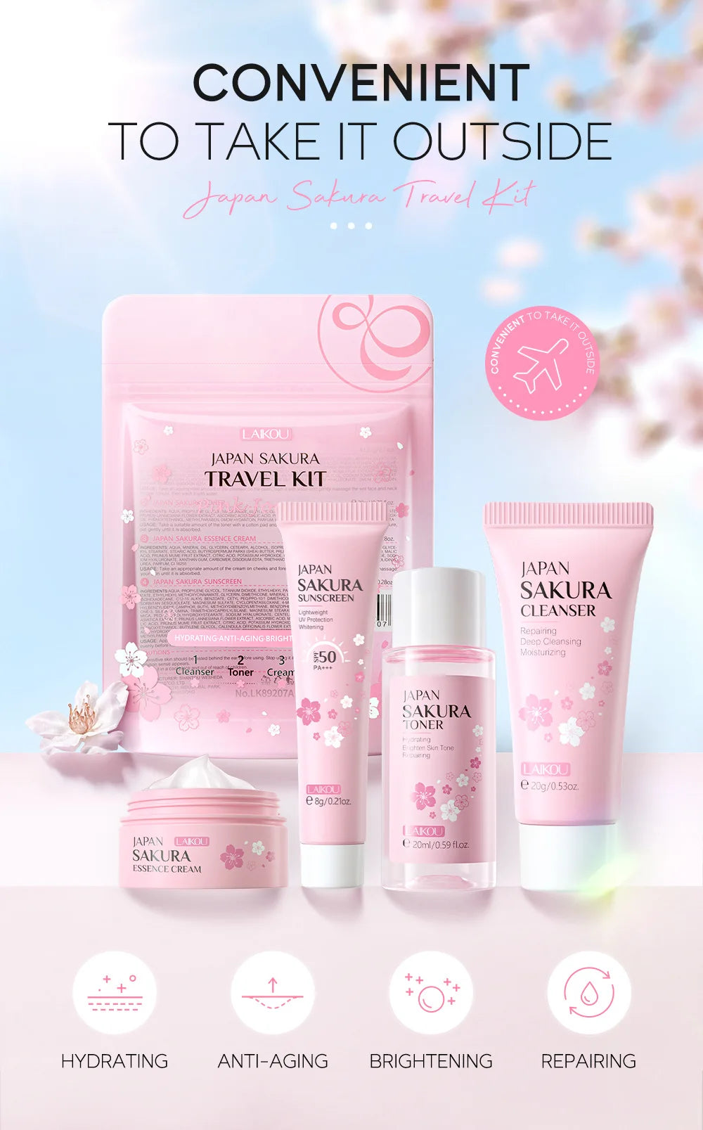 LAIKOU Sakura Skin Care Sets Facial Cleanser Face Cream Serum Toner Moisturizing Brightening Firming Hydrating Face Care Kit