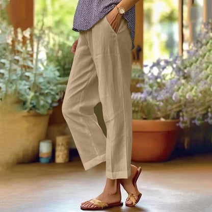 Women's Linen Blend Pants – High Waisted Elastic Waist Loose Straight Leg Trousers with Pockets | Summer Casual Beach Wide Leg Pants (18 Colors)