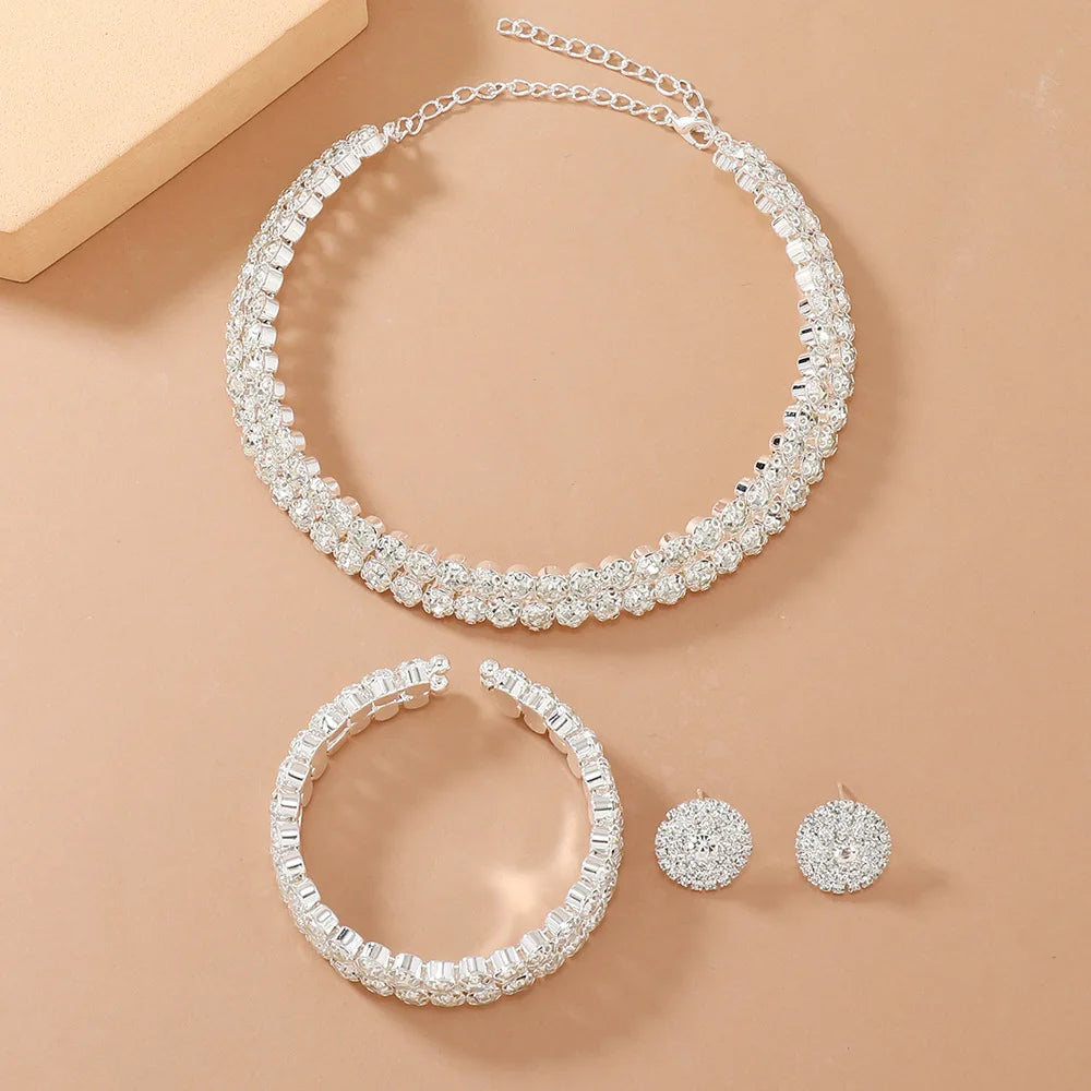 Women’s Luxury Rhinestone Jewelry Set – Double Layer Choker, Bracelet & Stud Earrings