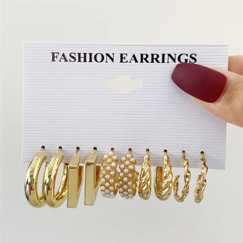 Gold Geometric Hoop Earrings for Women with Pearl Accents and Textured Styles