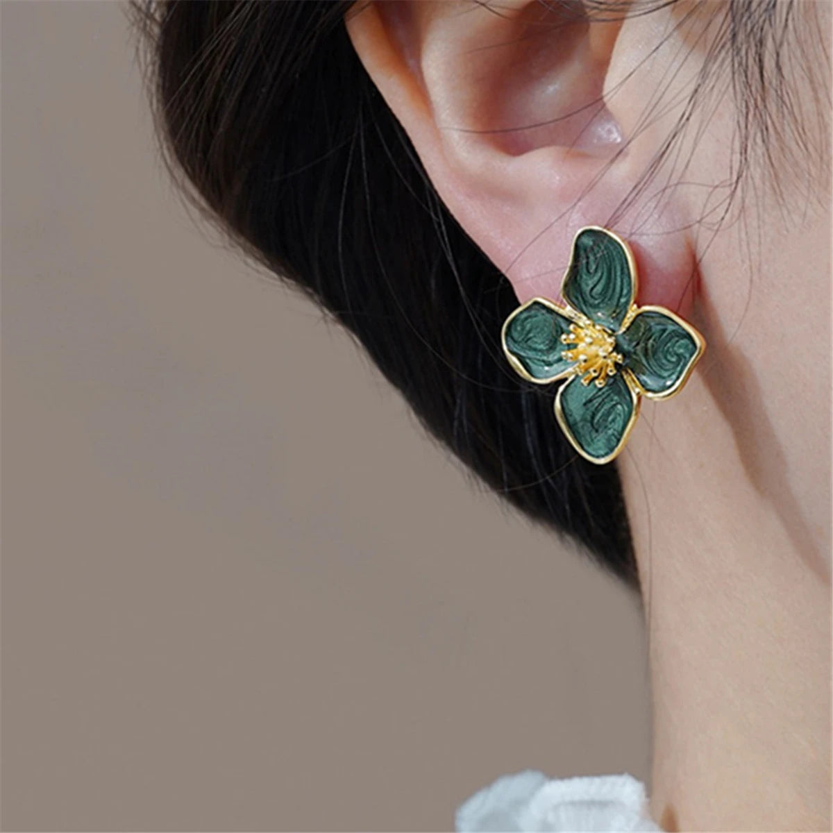 Hibiscus Flower Stud Earrings for Women and Girls–Dropped Glaze Floral Design, French Vintage Inspired, Romantic Wedding Jewelry Gift