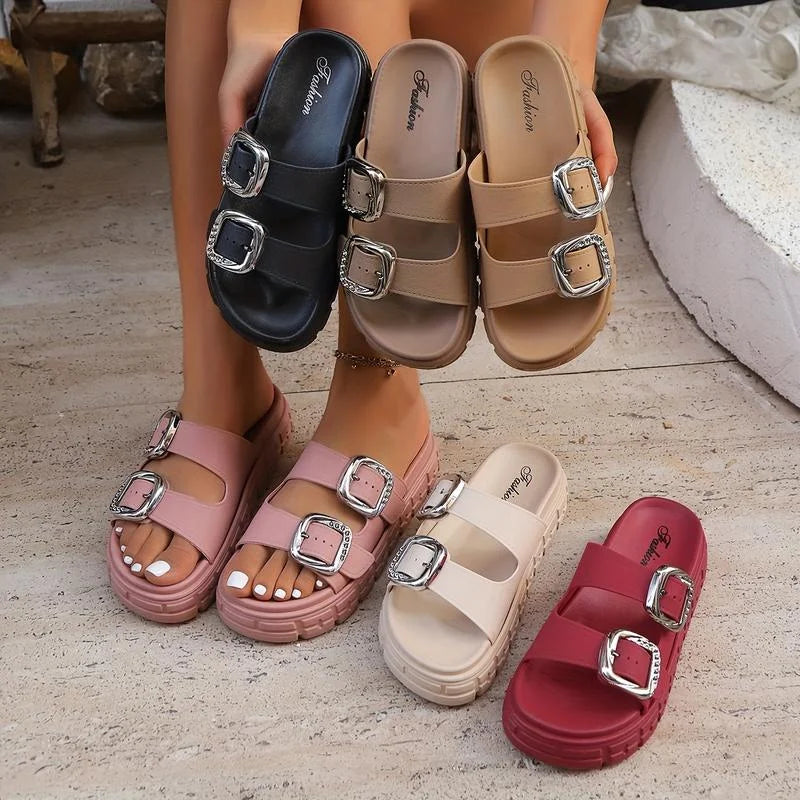 Women’s Thick Sole Sandals with Adjustable Straps – Leather Flip Flops with Metal Ankle Buckle, Comfortable Platform Summer Beach Slides for Casual Outdoor Walking & Vacation Wear