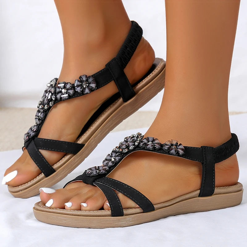 Sparkly Women’s Crystal Flat Sandals – Boho Summer Beach Sandals, Rhinestone T-Strap Dress Shoes for Women