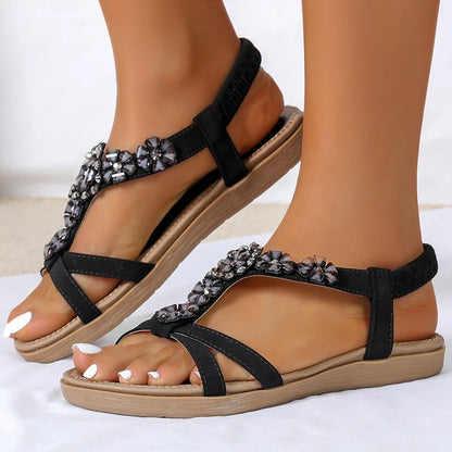 Sparkly Women’s Crystal Flat Sandals – Boho Summer Beach Sandals, Rhinestone T-Strap Dress Shoes for Women