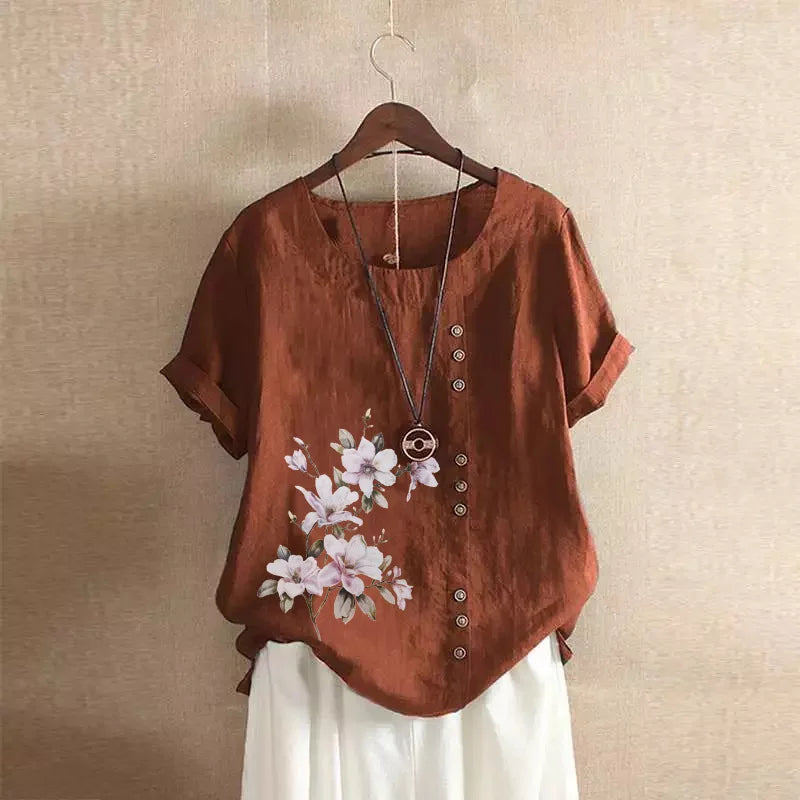 Women's Cotton Linen Floral Print Blouse – Summer Short Sleeve Loose Vintage Tunic Shirt Top