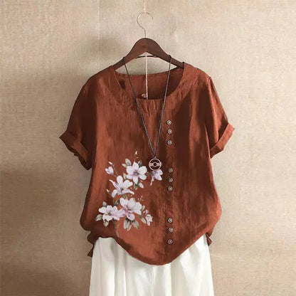 Women's Cotton Linen Floral Print Blouse – Summer Short Sleeve Loose Vintage Tunic Shirt Top