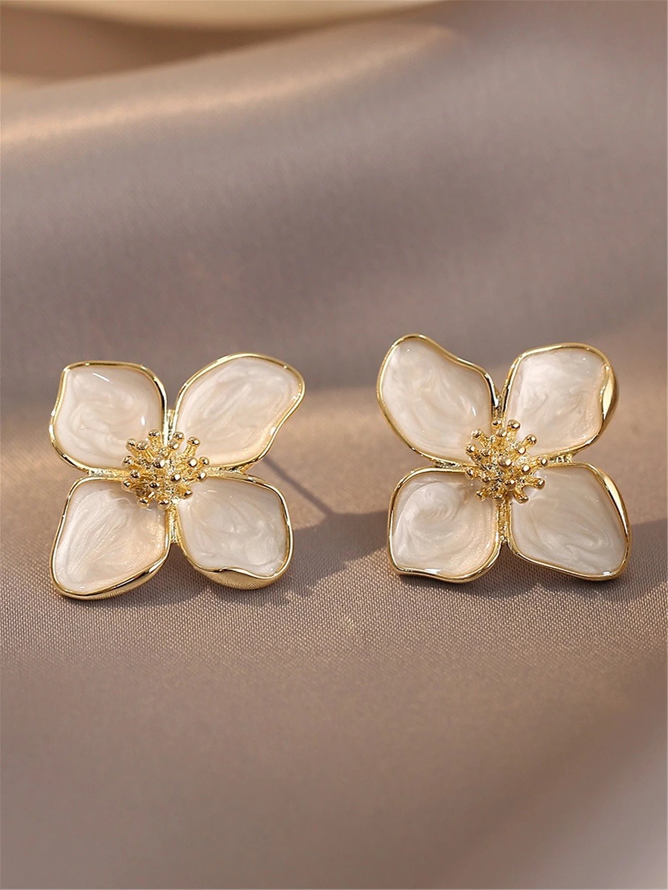 Hibiscus Flower Stud Earrings for Women and Girls–Dropped Glaze Floral Design, French Vintage Inspired, Romantic Wedding Jewelry Gift