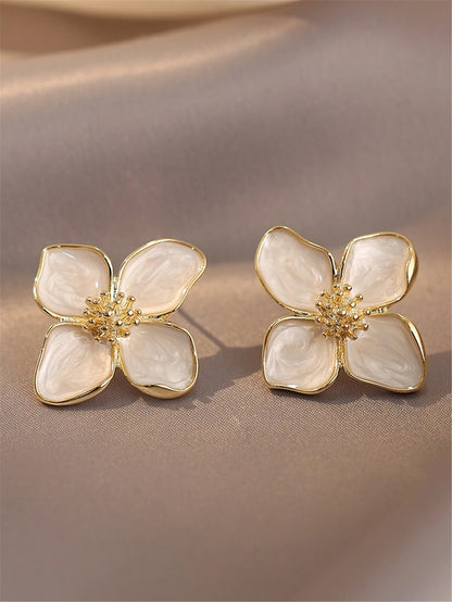 Hibiscus Flower Stud Earrings for Women and Girls–Dropped Glaze Floral Design, French Vintage Inspired, Romantic Wedding Jewelry Gift