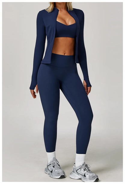 Women's 2/3PCS Yoga Set Workout Clothes Long Sleeve Sports Bra Leggings Gym Running Activewear Outfit
