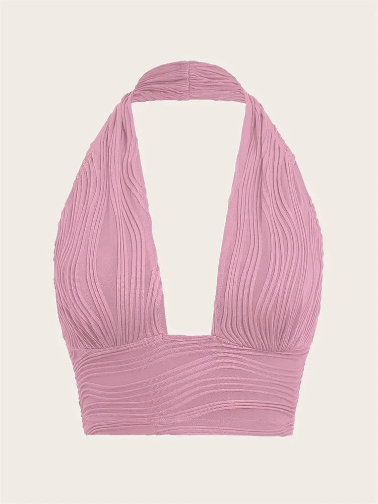 Women's White Backless Halter Crop Top - Deep V Neck Sleeveless Y2K Tank Top, Sexy Club Streetwear Summer Going Out Top