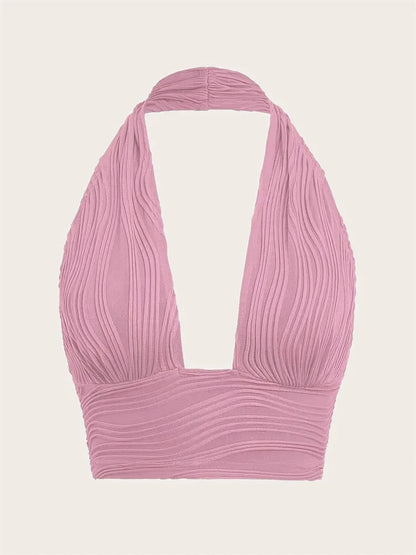 Women's White Backless Halter Crop Top - Deep V Neck Sleeveless Y2K Tank Top, Sexy Club Streetwear Summer Going Out Top