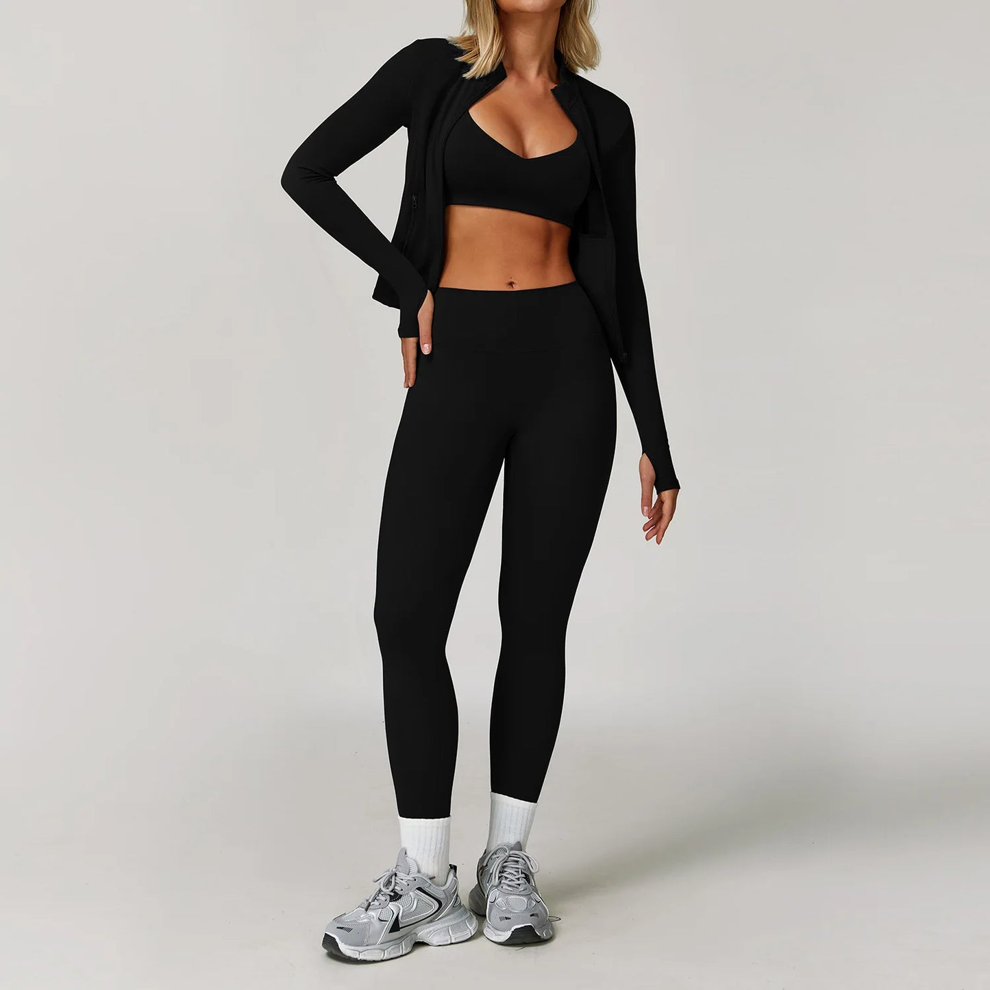 Women's 2/3PCS Yoga Set Workout Clothes Long Sleeve Sports Bra Leggings Gym Running Activewear Outfit