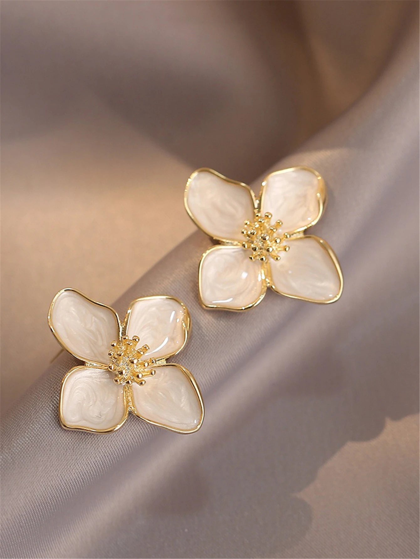 Hibiscus Flower Stud Earrings for Women and Girls–Dropped Glaze Floral Design, French Vintage Inspired, Romantic Wedding Jewelry Gift