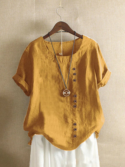 18 Colors S-5XL Women Cotton Linen Button Blouse Summer Female O-Neck Short Sleeve Solid Shirt Tops