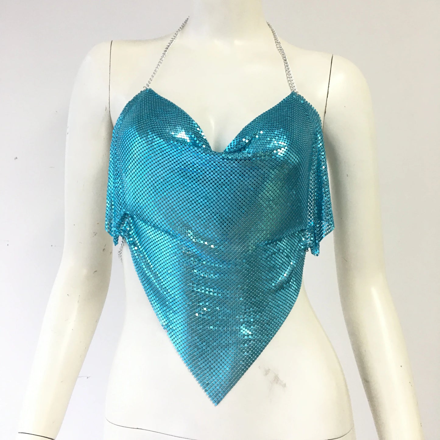 Sexy V Neck Halter Neck Backless Crop Top Glitter Metal Sequins Handmade Patchwork Tank Top Vocal Concert Party Camisole