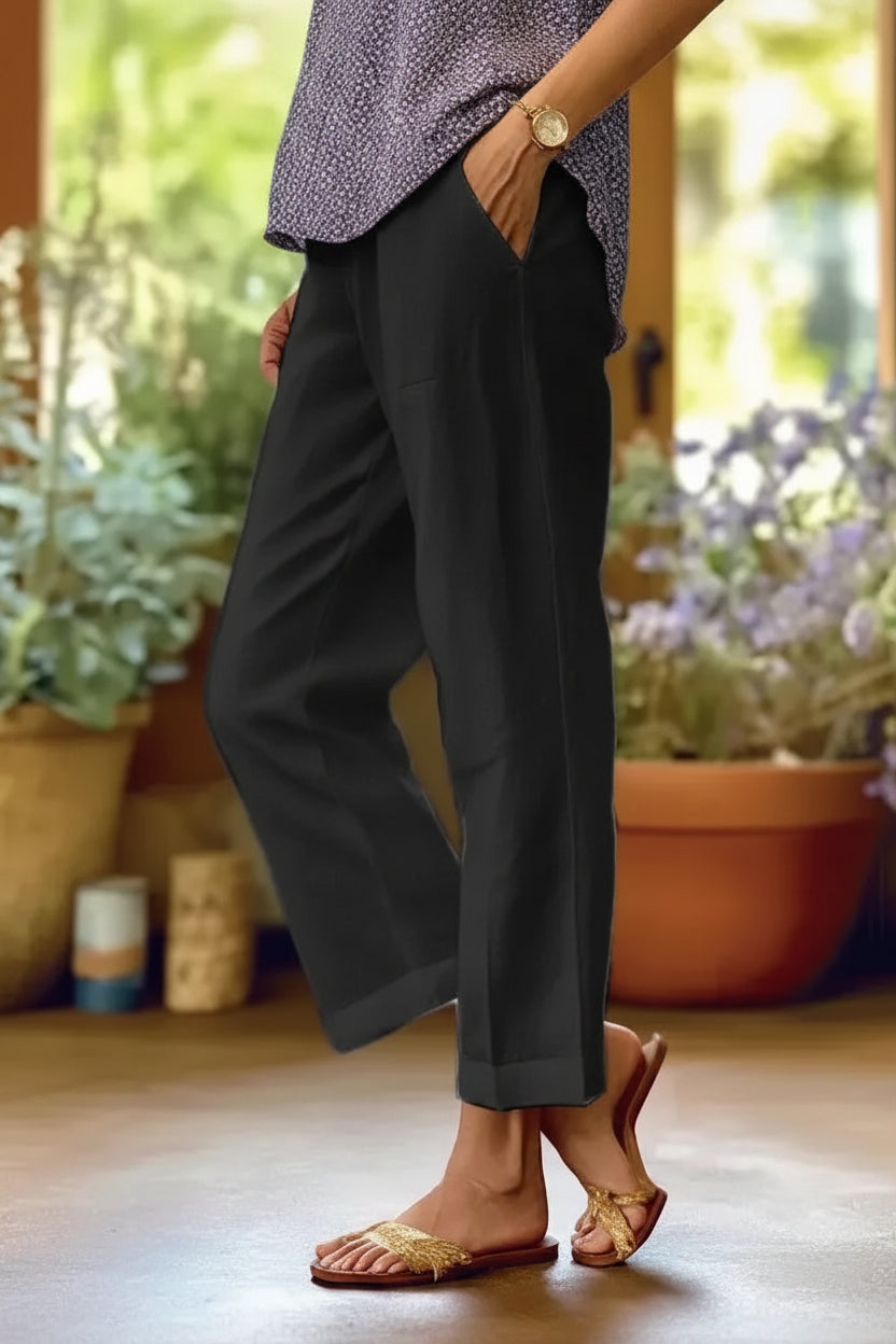 Women's Linen Blend Pants – High Waisted Elastic Waist Loose Straight Leg Trousers with Pockets | Summer Casual Beach Wide Leg Pants (18 Colors)