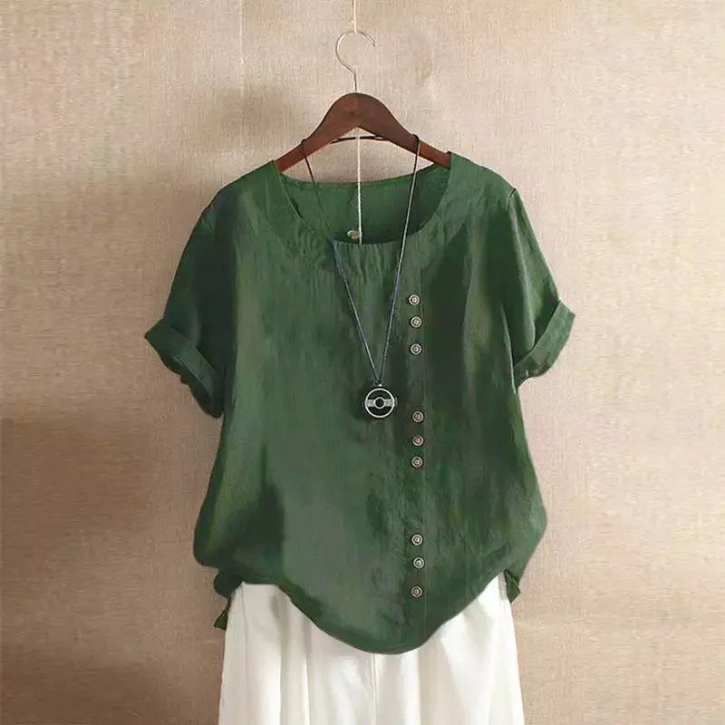 18 Colors S-5XL Women Cotton Linen Button Blouse Summer Female O-Neck Short Sleeve Solid Shirt Tops