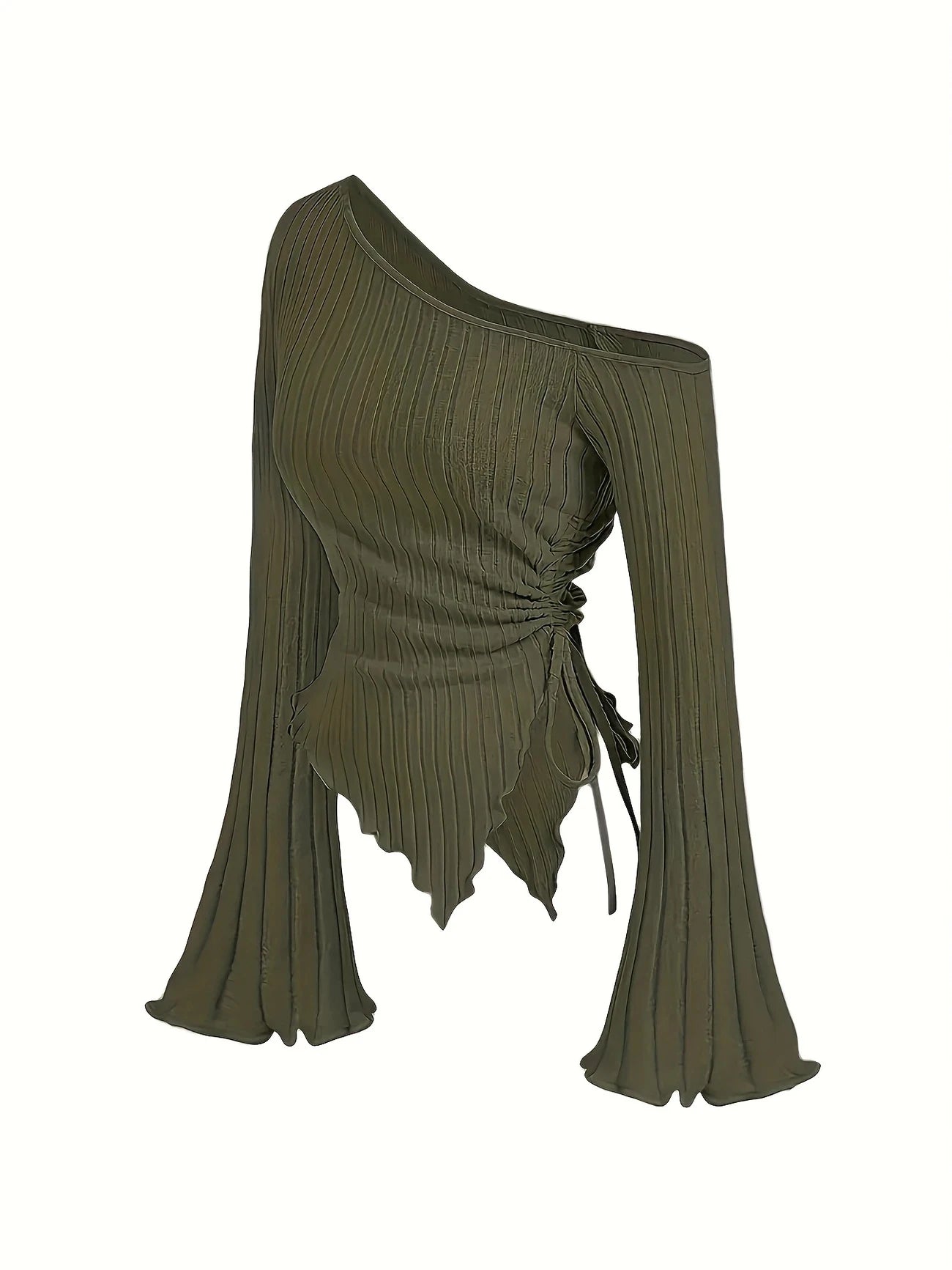 Women's Off Shoulder Asymmetrical Ribbed Long Sleeve Top – Ruched Slim Fit Bell Sleeve Y2K Streetwear Going Out Shirt