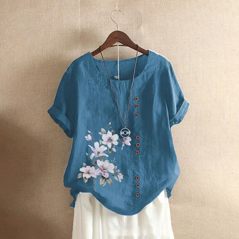 Women's Cotton Linen Floral Print Blouse – Summer Short Sleeve Loose Vintage Tunic Shirt Top