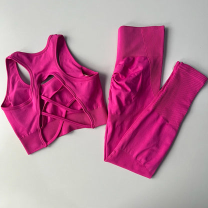 Women’s Seamless Yoga Set – Sexy Open Back Sports Bra & High Waist Scrunch Leggings Gym Outfit