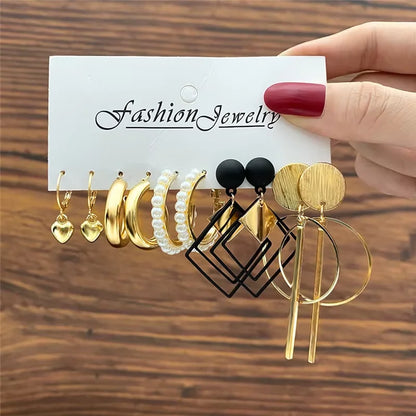 Gold Geometric Hoop Earrings for Women with Pearl Accents and Textured Styles