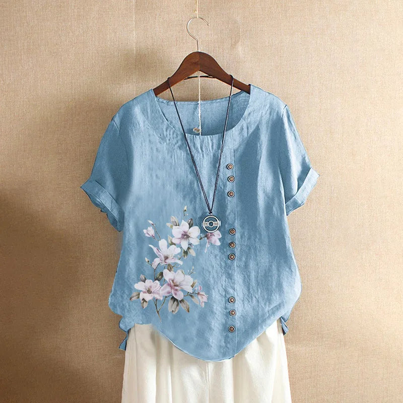 Women's Cotton Linen Floral Print Blouse – Summer Short Sleeve Loose Vintage Tunic Shirt Top