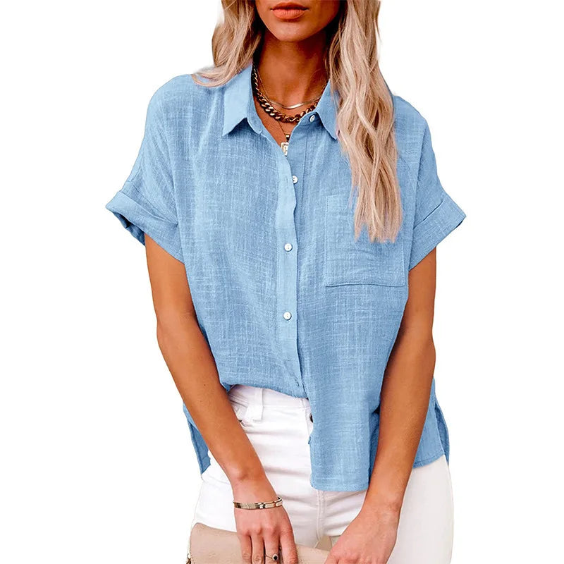 Women's Linen Button Down Shirt Casual Loose Fit Short Sleeve Blouse with Pocket Summer Lightweight Top