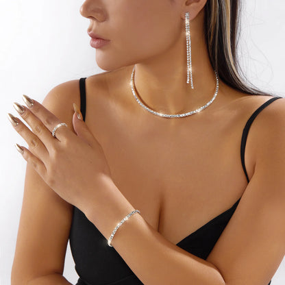 Women’s Luxury Rhinestone Jewelry Set – Double Layer Choker, Bracelet & Stud Earrings