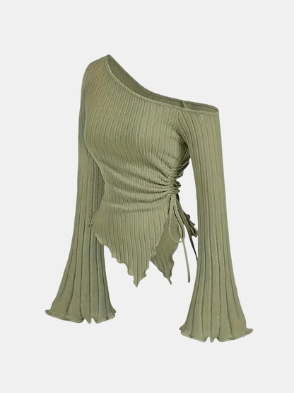 Women's Off Shoulder Asymmetrical Ribbed Long Sleeve Top – Ruched Slim Fit Bell Sleeve Y2K Streetwear Going Out Shirt