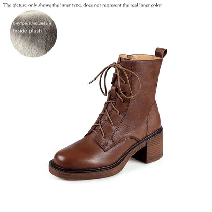 Women’s Genuine Leather Ankle Boots – Lace-Up, Platform, Chunky Heel, Round Toe
